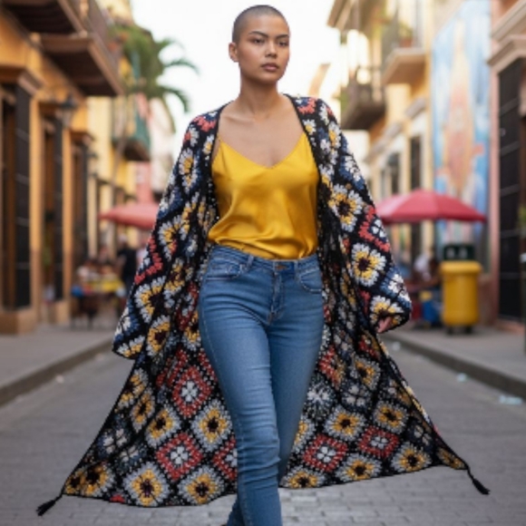 🦋NWOT! UNICORN! RARE! Granny Squares Party Cardi Duster Full Length Cardigan! - Picture 1 of 16